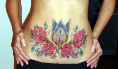 Lock Heart And Flowers Tattoo On Belly Button